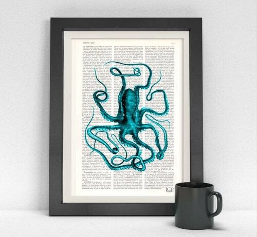 Turquoise Octopus Print wall art - Book Page L 8.1x12