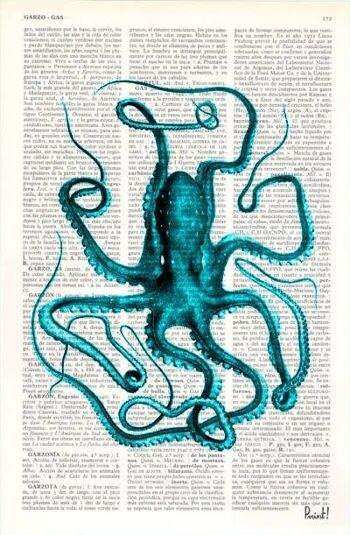 Déco murale Turquoise Octopus Print - Livre Page L 8.1x12 2