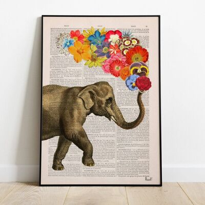 Unique gift, Christmas Gifts, Elephant with Beautiful Flowers nursery wall decor printed on vintage book page perfect for gifts Ani091b - A3 Poster 11.7x16.5