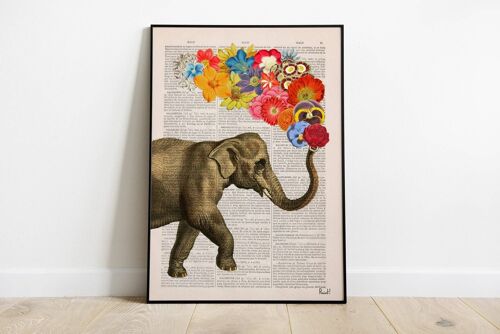 Unique gift, Christmas Gifts, Elephant with Beautiful Flowers nursery wall decor printed on vintage book page perfect for gifts Ani091b - Music L 8.2x11.6