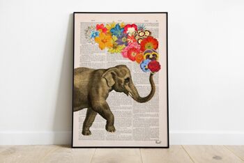 Cadeau unique, cadeaux de Noël, éléphant avec de belles fleurs décoration murale de pépinière imprimée sur une page de livre vintage parfaite pour les cadeaux Ani091b - Music L 8.2x11.6