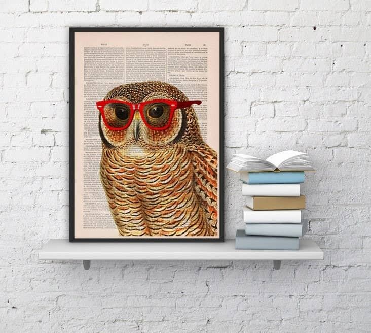 Einzigartiges Geschenk, Geschenk für Zuhause, Weihnachtsgeschenke, coole Eule mit Sonnenbrille, Wanddekoration, gedruckt auf Vintage-Buchseite, ideal für Geschenke ANI035 – Buchseite L 8,1 x 12