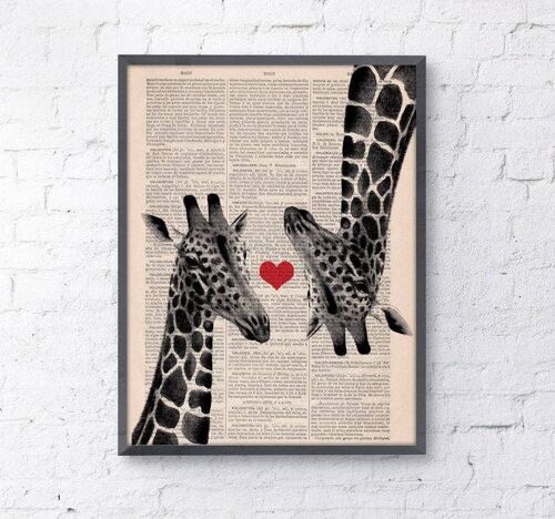 Unique gift, home gift, Gift for her, Christmas Gifts, Giraffes in love Red heart on Vintage book page perfect for gifts Ani012b - Book Page S 5x7