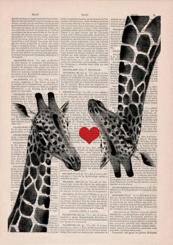 Cadeau unique, cadeau maison, cadeau pour elle, cadeaux de Noël, girafes amoureuses Coeur rouge sur page de livre Vintage parfait pour les cadeaux Ani012b - Page de livre M 6.4x9.6 2