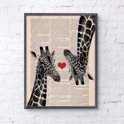 Regalo unico, regalo per la casa, regalo per lei, regali di Natale, giraffe innamorate Cuore rosso sulla pagina del libro vintage perfetto per i regali Ani012b - Poster A3 11,7x16,5