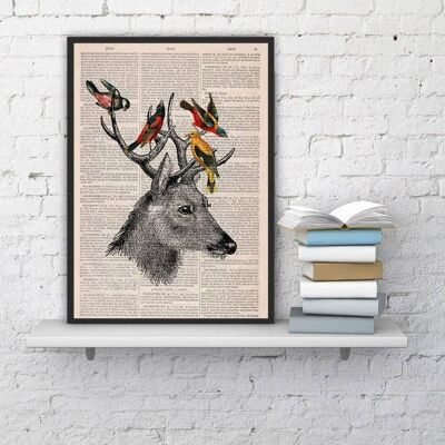 Cadeau unique, cadeau pour la maison, cadeau pour lui, cadeaux de Noël, cerf jouant avec des amis oiseaux imprimé sur la page du livre recyclé idéal pour les cadeaux Ani040b - Page du livre S 5x7