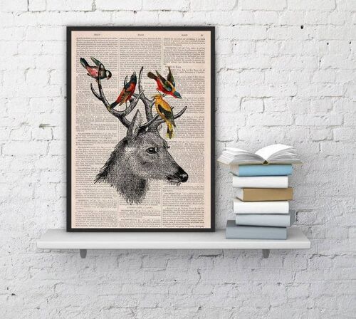 Unique gift, home gift, Gift for him, Christmas Gifts, Deer playing with birds friends print on Upcycled Book page great for gifts Ani040b - Book Page M 6.4x9.6