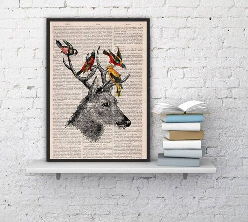 Unique gift, home gift, Gift for him, Christmas Gifts, Deer playing with birds friends print on Upcycled Book page great for gifts Ani040b - A3 Poster 11.7x16.5