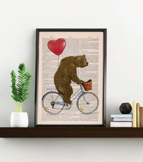 Unique gift, home gift, Gift for him, Christmas Gifts, Grizzly Bear riding a bike printed on Vintage Book Page perfect for gifts Ani222b - Book Page M 6.4x9.6
