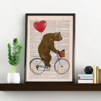 Regalo unico, regalo per la casa, regalo per lui, regali di Natale, orso grizzly in sella a una bicicletta stampata su pagina libro vintage perfetta per regali Ani222b - pagina libro L 8.1x12