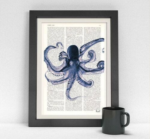 Vintage Blue Octopus Print - Book Page M 6.4x9.6