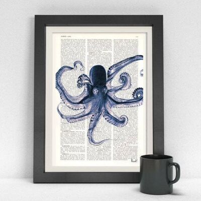 Vintage Blue Octopus Print - Book Page M 6.4x9.6