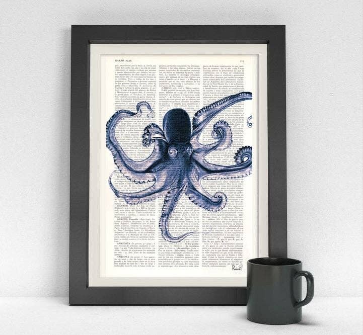 Vintage Blue Octopus Print - Musik L 8,2 x 11,6
