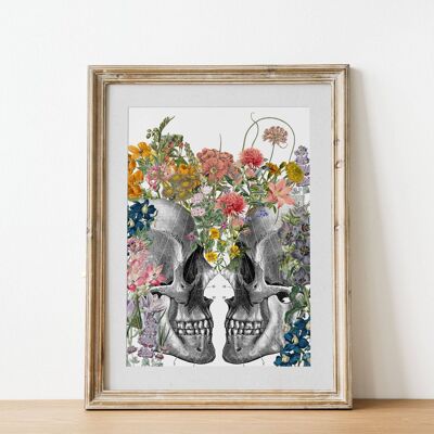 We bloom together. Flower Skull Art - Book Page L 8.1x12 (No Hanger)