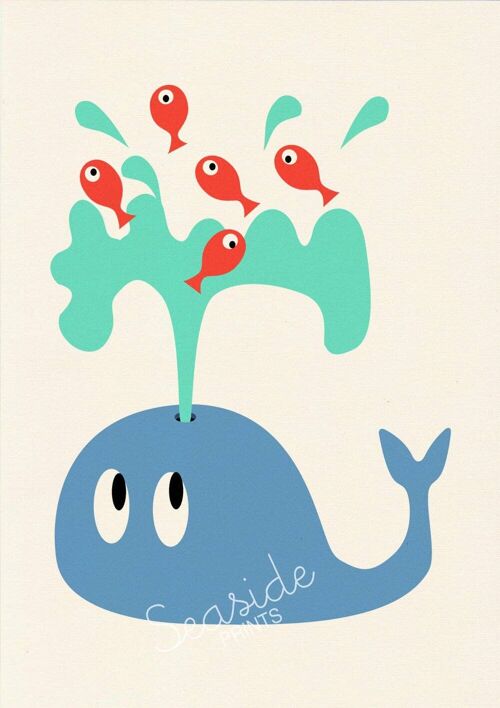 Whale with fishes Nursery room - A4 White 8.2x11.6 (No Hanger)