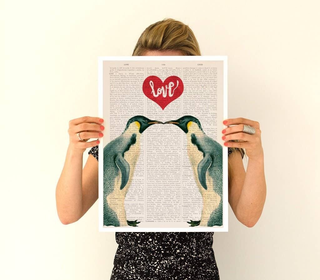 Weihnachtsgeschenk für sie, Geschenk für Freundin, Weihnachtsgeschenke, Pinguine in der Liebe, Kinderzimmer Kunst, Liebesposter, Wandkunst, Wanddekoration Liebeskunst ANI015PA3 (kein Aufhänger)