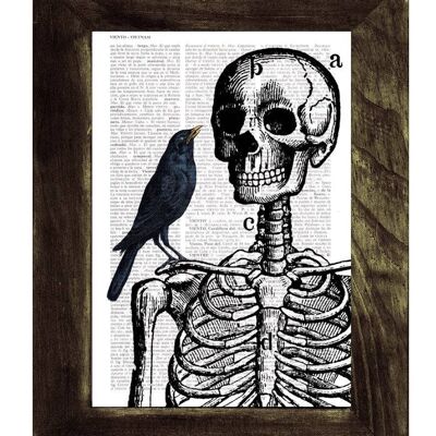 Xmas Svg, Christmas Gift Doctor gift Skeleton and Crow Print on Vintage Book page halloween decor anatomic art, medical students gift SKA071 - Book Page L 8.1x12 (No Hanger)