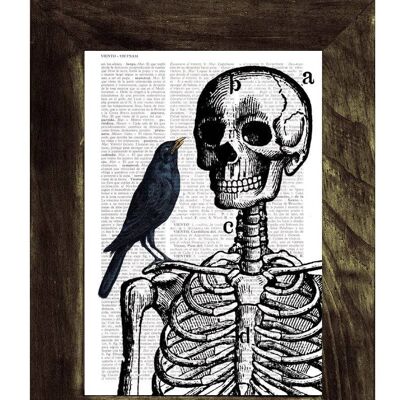 Xmas Svg, Christmas Gift Doctor gift Skeleton and Crow Print on Vintage Book page halloween decor anatomic art, medical students gift SKA071 - Book Page S 5x7 (No Hanger)
