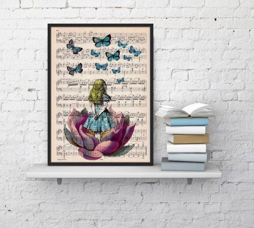 Xmas Svg, Christmas Gifts, Alice in Wonderland Looking for Blue Butterfly over a Music Sheet Nursery Wall Decor, Art Print ALW013MSL - Music L 8.2x11.6