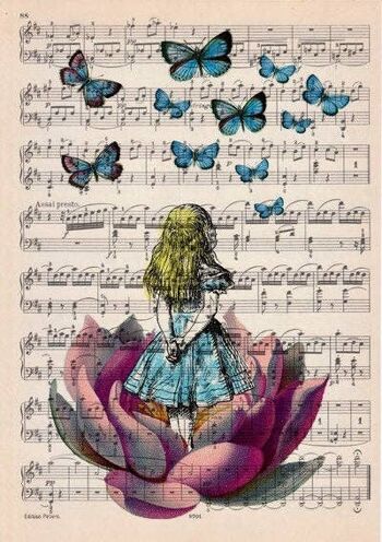 Svg de Noël, cadeaux de Noël, Alice au pays des merveilles à la recherche d'un papillon bleu sur une feuille de musique Décoration murale pour chambre d'enfant, Art Print ALW013MSL - Musique L 8,2 x 11,6 2