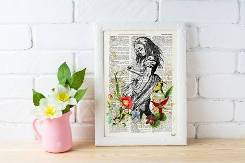 Xmas Svg, Christmas Gifts, Alice in Wonderland with wild Flowers Alice in Wonderland wall art, Wall decor Alice print, nursery art ALW001 - Book Page M 6.4x9.6