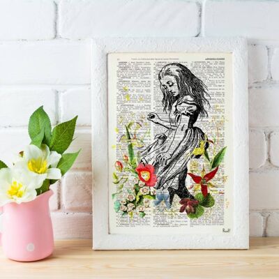 Xmas Svg, Christmas Gifts, Alice in Wonderland with wild Flowers Alice in Wonderland wall art, Wall decor Alice print, nursery art ALW001 - Book Page M 6.4x9.6