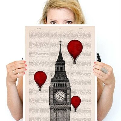Xmas Svg, Christmas Gifts, Big Ben and a Ballon Ride Poster, London Art, Wall Art, Wall Decor, England Art Poster, Poster Art TVH009PA3 (No Hanger)