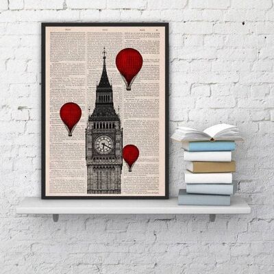 Xmas Svg, Christmas Gifts, Christmas Gifts Idea - London Big Ben Tower Balloon Ride Print on Vintage Book Page perfect for gifts TVh09b - Book Page M 6.4x9.6