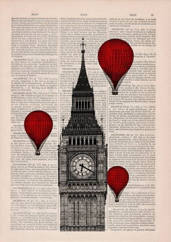 Svg de Noël, cadeaux de Noël, idée de cadeaux de Noël - London Big Ben Tower Balloon Ride Print on Vintage Book Page parfait pour les cadeaux TVh09b - Book Page M 6.4x9.6 2