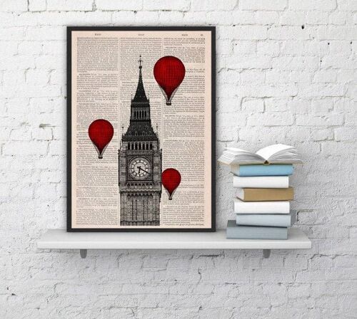 Xmas Svg, Christmas Gifts, Christmas Gifts Idea - London Big Ben Tower Balloon Ride Print on Vintage Book Page perfect for gifts TVh09b - A3 Poster 11.7x16.5