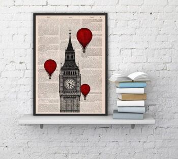 Svg de Noël, cadeaux de Noël, idée de cadeaux de Noël - London Big Ben Tower Balloon Ride Print on Vintage Book Page parfait pour les cadeaux TVh09b - A3 Poster 11.7x16.5 1