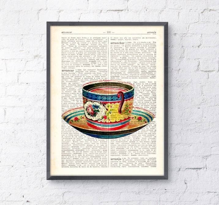 Xmas Svg, Weihnachtsgeschenke, Weihnachtsschmuck – Geschenk für Frauen – Vintage Teetasse Druck auf Wörterbuch Buch Wandkunst Buchdruck TVH074 – Buchseite 6,1 x 8,9