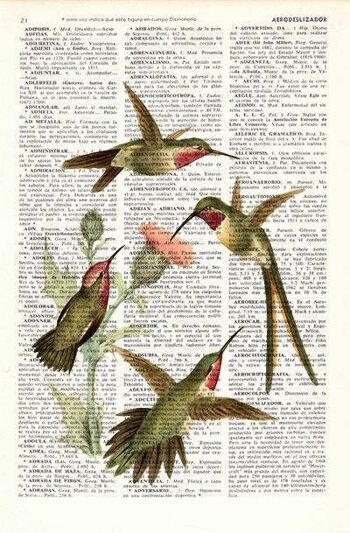 Svg de Noël, cadeaux de Noël, colibris avec des fleurs de cardon, impression sur dictionnaire, Art de colibri, cadeau de pendaison de crémaillère, cadeaux pour la maison, ANI250 - Page de livre M 6.4x9.6 (sans cintre) 2