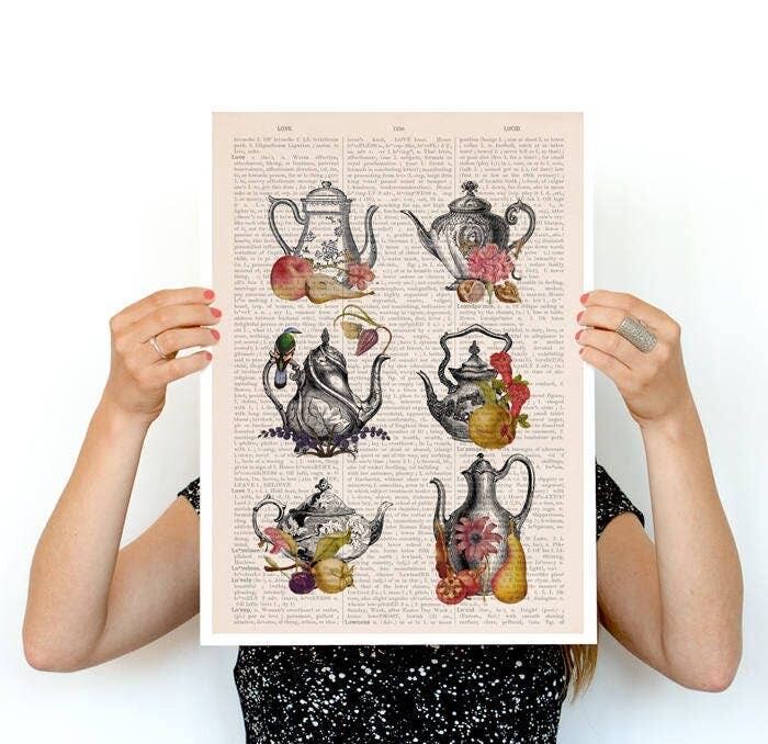 Xmas Svg, Weihnachtsgeschenke, Vintage Teekannen und Obst Poster, Küche Wandkunst, Teezeit, Tee-Party-Geschenk, Wandkunst, Wanddekoration TVH250PA3