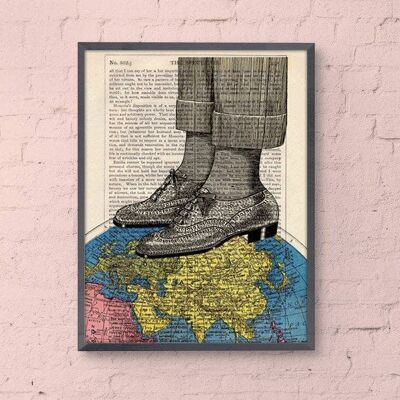 Xmas Svg, Christmas Gifts, World map shoes collage print, The world at your feet, Wall art decor Poster print upcycled art gift TVH119 - Book Page 5.8x9.4