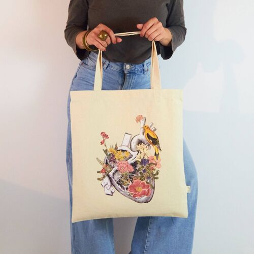 Yellow bird Heart cotton tote bag