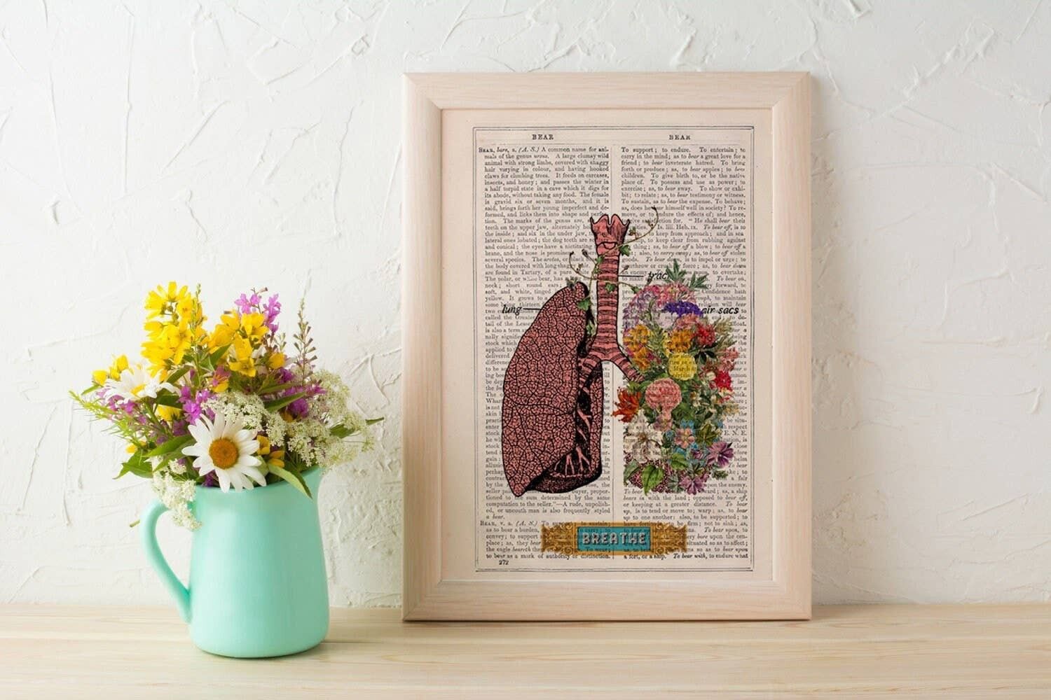 Yoga-Wandkunst Lungen mit Blumen BREATH Print Wandkunst menschliche Anatomie – Wissenschaftsstudenten-Geschenkdrucke – Rauchstopp-Geschenk – Therapeuten-Geschenk SKA130 – Weiß 8 x 10 (kein Aufhänger)