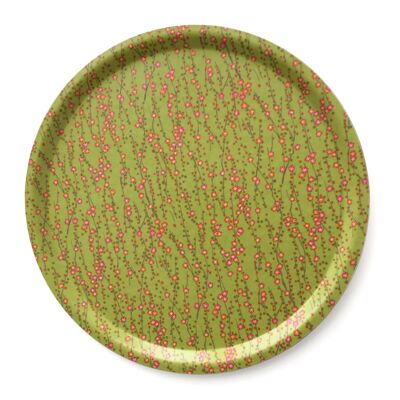 Tablett mit Japanpapier - kleine rote Blütenzweige auf lindgrün