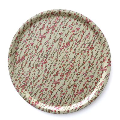 Tray with Japanese paper - small red blossom branches on ecru - Round