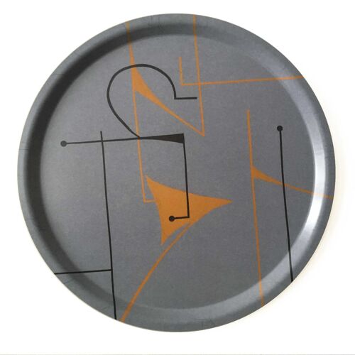 Rundes graublaues Tablett mit Scherenschnittmuster schwarz-orange