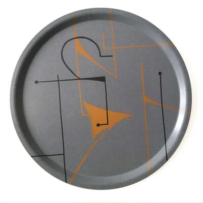 Round grey-blue tray with black-orange paper cutting pattern