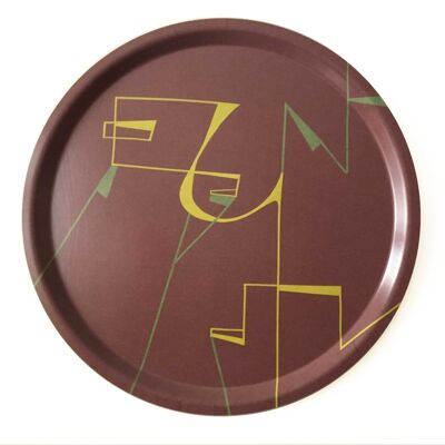 Round rust-red tray with yellow-green silhouettes