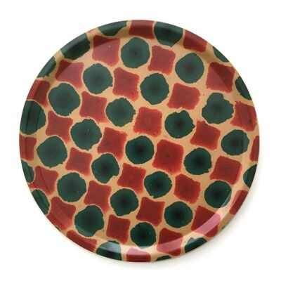 Round tray with marbled paper, red-blue checkerboard