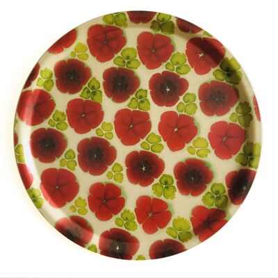 Round tray with marbled paper, large red flowers