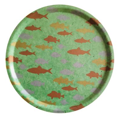 Round tray, green with silver, gold and orange fish paper designs