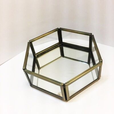 Glass Tray with Golden Colour Metal Frame - Hexagonal Shape - Large