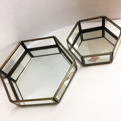 Glass Tray with Golden Colour Metal Frame - Hexagonal Shape - Set of Small and Large
