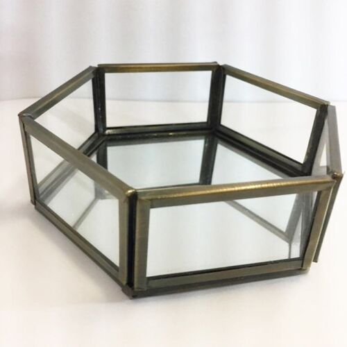 Glass Tray with Golden Colour Metal Frame - Hexagonal Shape - Small
