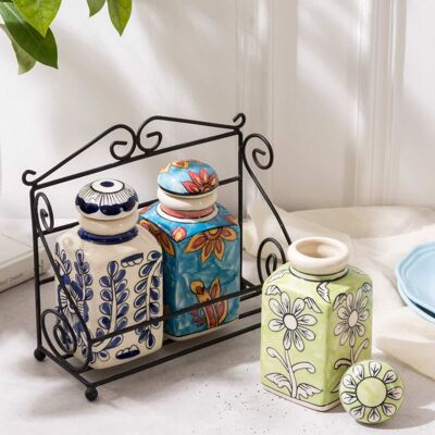 Ceramic Spice Jar Set & Metal Rack