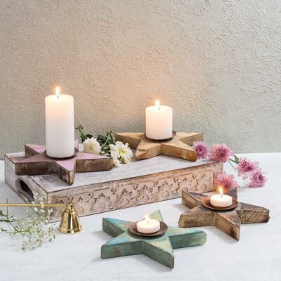 Star Shape Teak Wooden Candle Holders - Natural Finish